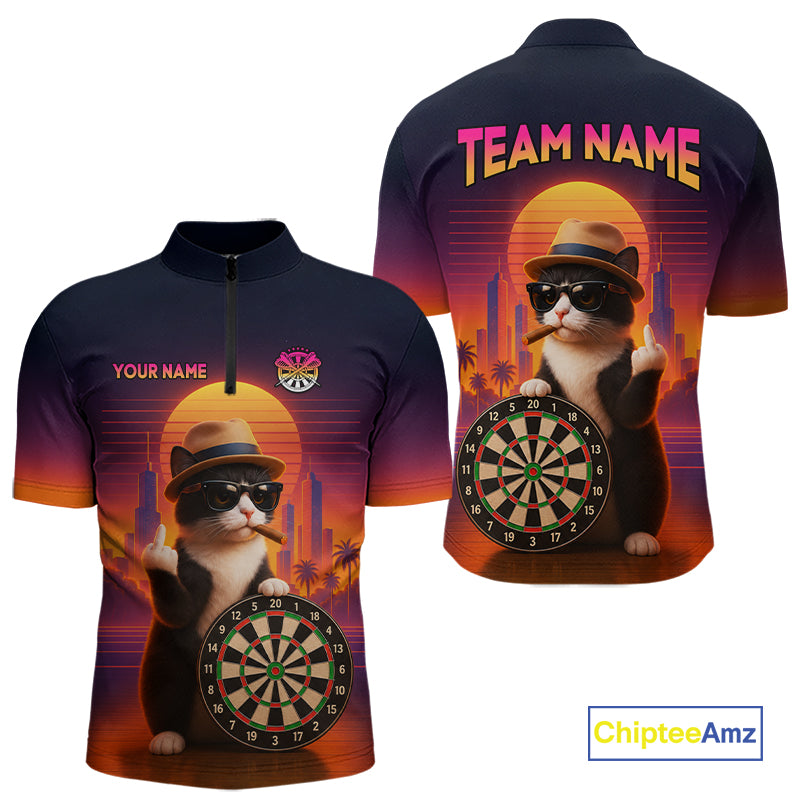 Custom Funny Cat Retro Sunset Darts Team Jerseys Dart League Shirts Darts Shirt for Men NNT314