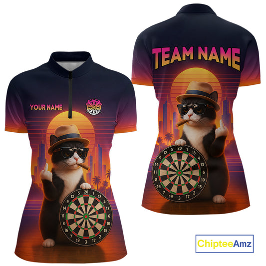 Custom Funny Cat Retro Sunset Darts Team Jerseys Dart League Shirts Darts Shirt for Women NNT314