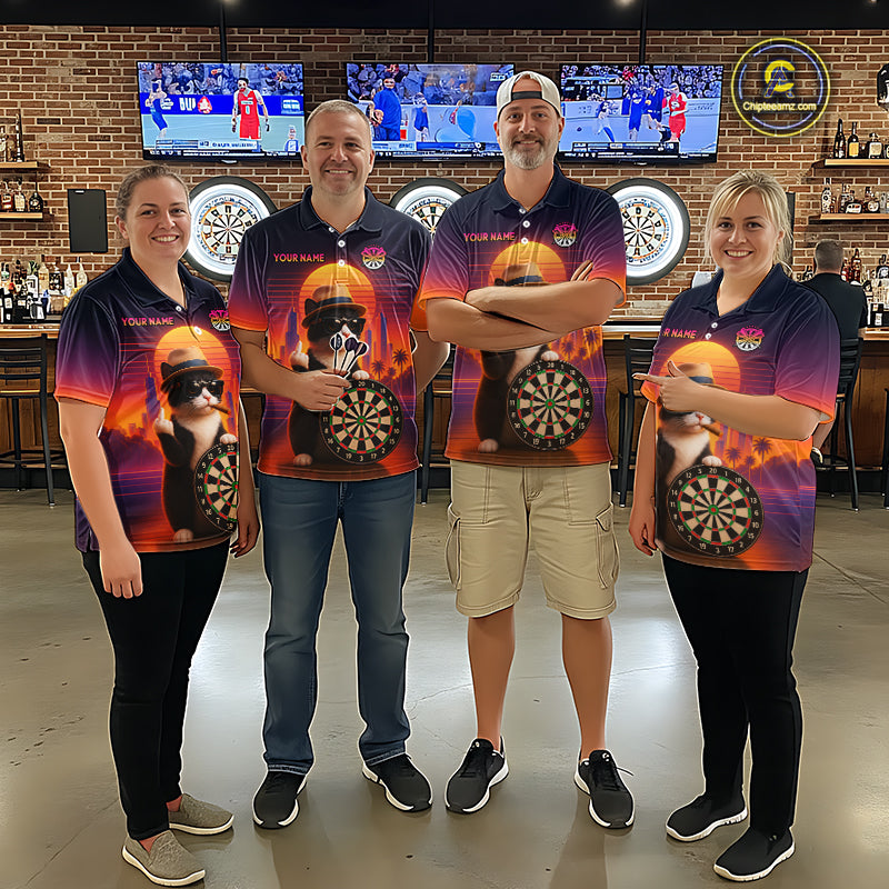 Custom Funny Cat Retro Sunset Darts Team Jerseys Dart League Shirts Darts Shirt for Women NNT314