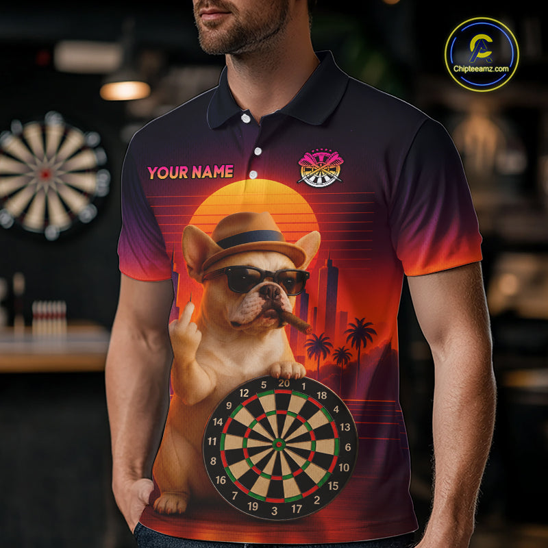 Custom Funny Bulldog Retro Sunset Darts Team Jerseys Dart League Shirts Darts Shirt for Men NNT312