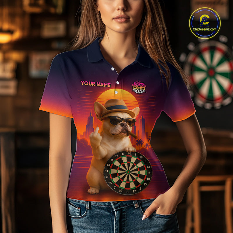 Custom Funny Bulldog Retro Sunset Darts Team Jerseys Dart League Shirts Darts Shirt for Women NNT312