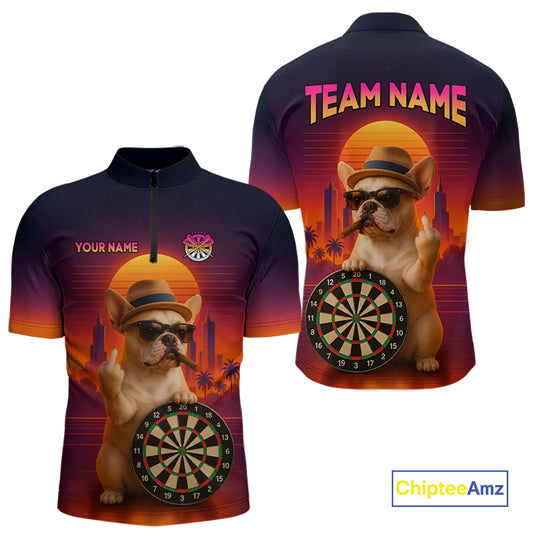 Custom Funny Bulldog Retro Sunset Darts Team Jerseys Dart League Shirts Darts Shirt for Men NNT312