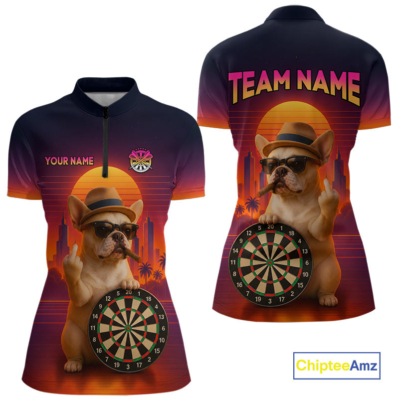 Custom Funny Bulldog Retro Sunset Darts Team Jerseys Dart League Shirts Darts Shirt for Women NNT312