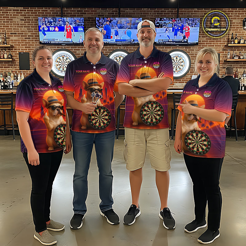 Custom Funny Bulldog Retro Sunset Darts Team Jerseys Dart League Shirts Darts Shirt for Women NNT312