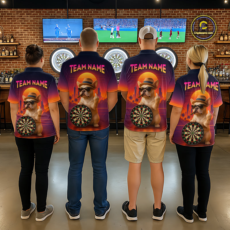 Custom Funny Bulldog Retro Sunset Darts Team Jerseys Dart League Shirts Darts Shirt for Women NNT312