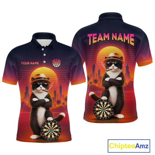 Custom Retro Funny Cat Sunset Darts Shirt for Men Darts Team Jerseys Dart League Shirts NNT313