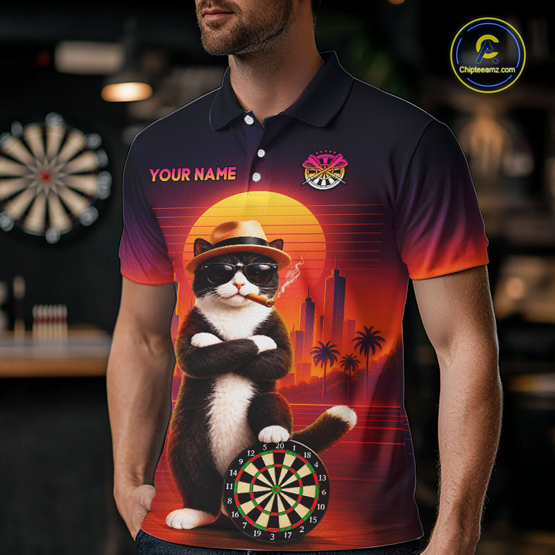 Custom Retro Funny Cat Sunset Darts Shirt for Men Darts Team Jerseys Dart League Shirts NNT313