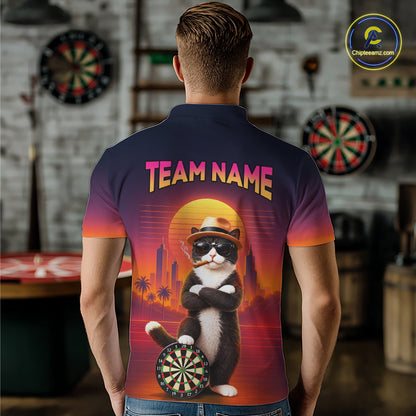 Custom Retro Funny Cat Sunset Darts Shirt for Men Darts Team Jerseys Dart League Shirts NNT313