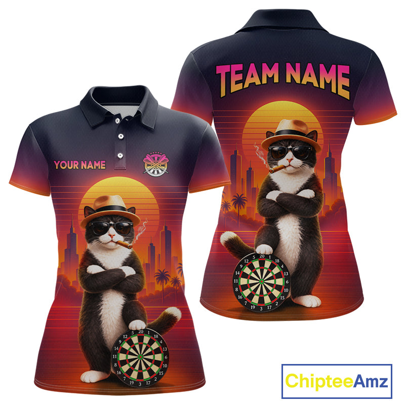 Custom Retro Funny Cat Sunset Darts Shirt for Women Darts Team Jerseys Dart League Shirts NNT313