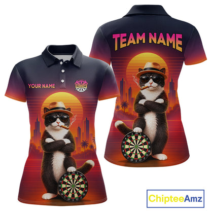 Custom Retro Funny Cat Sunset Darts Shirt for Women Darts Team Jerseys Dart League Shirts NNT313