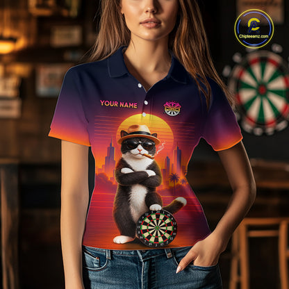 Custom Retro Funny Cat Sunset Darts Shirt for Women Darts Team Jerseys Dart League Shirts NNT313
