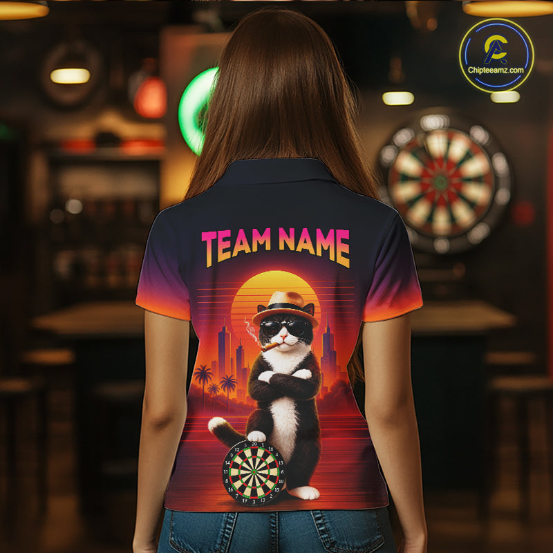 Custom Retro Funny Cat Sunset Darts Shirt for Women Darts Team Jerseys Dart League Shirts NNT313