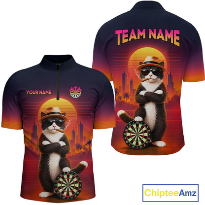 Custom Retro Funny Cat Sunset Darts Shirt for Men Darts Team Jerseys Dart League Shirts NNT313