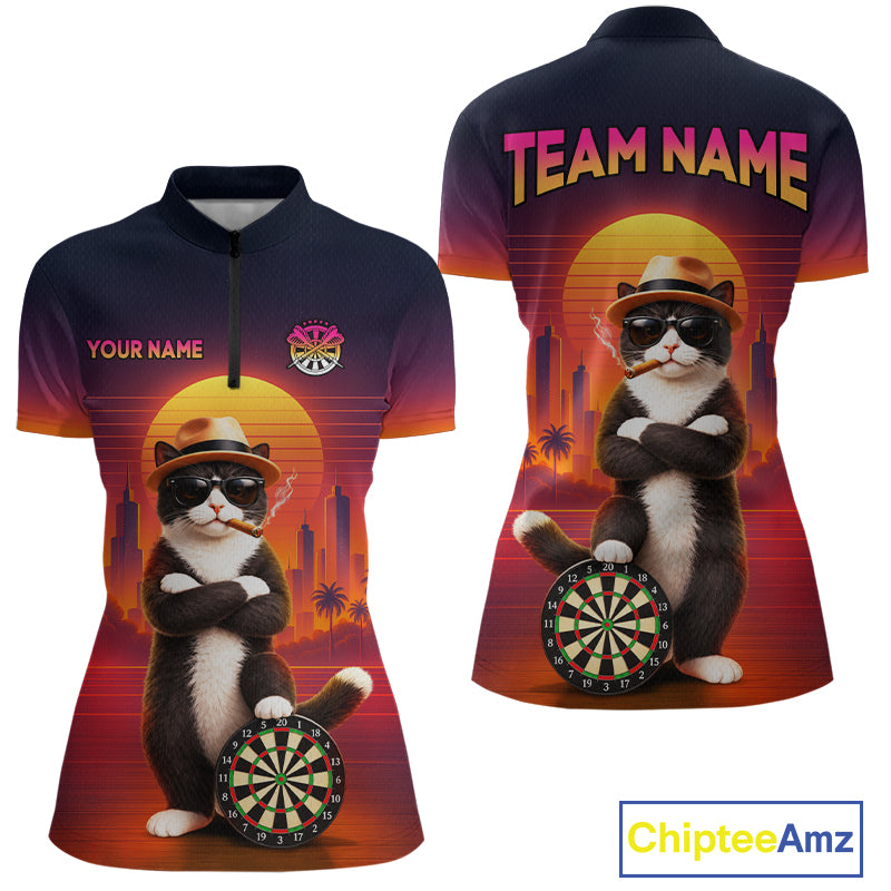 Custom Retro Funny Cat Sunset Darts Shirt for Women Darts Team Jerseys Dart League Shirts NNT313