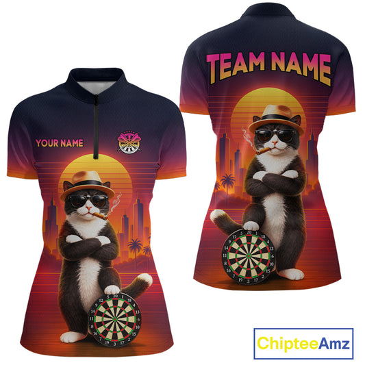 Custom Retro Funny Cat Sunset Darts Shirt for Women Darts Team Jerseys Dart League Shirts NNT313