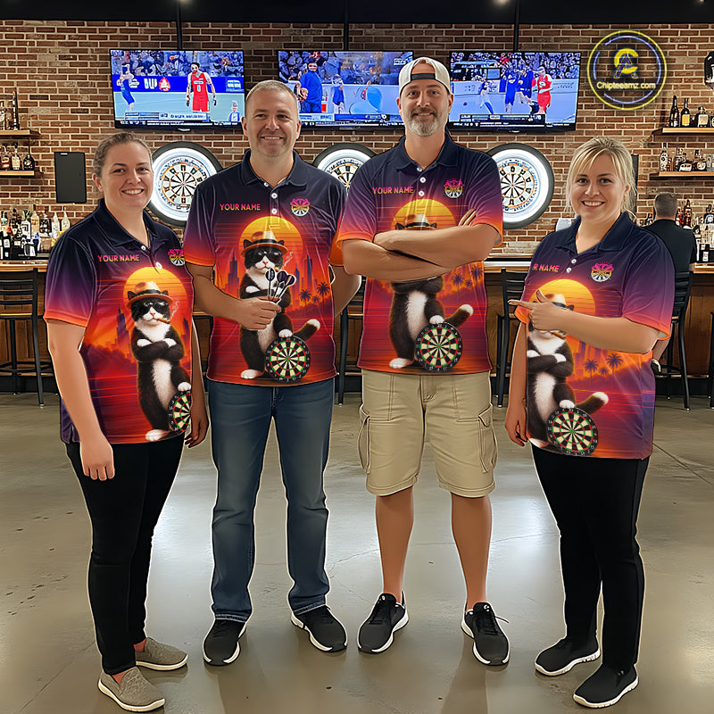 Custom Retro Funny Cat Sunset Darts Shirt for Men Darts Team Jerseys Dart League Shirts NNT313