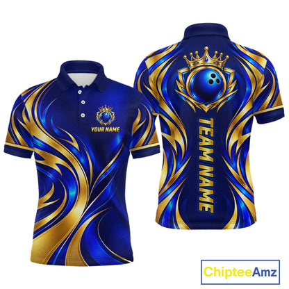 Custom Blue And Gold Crown Bowling Shirts For Men, Bowling Team Jersey Bowling Tournament HNT645