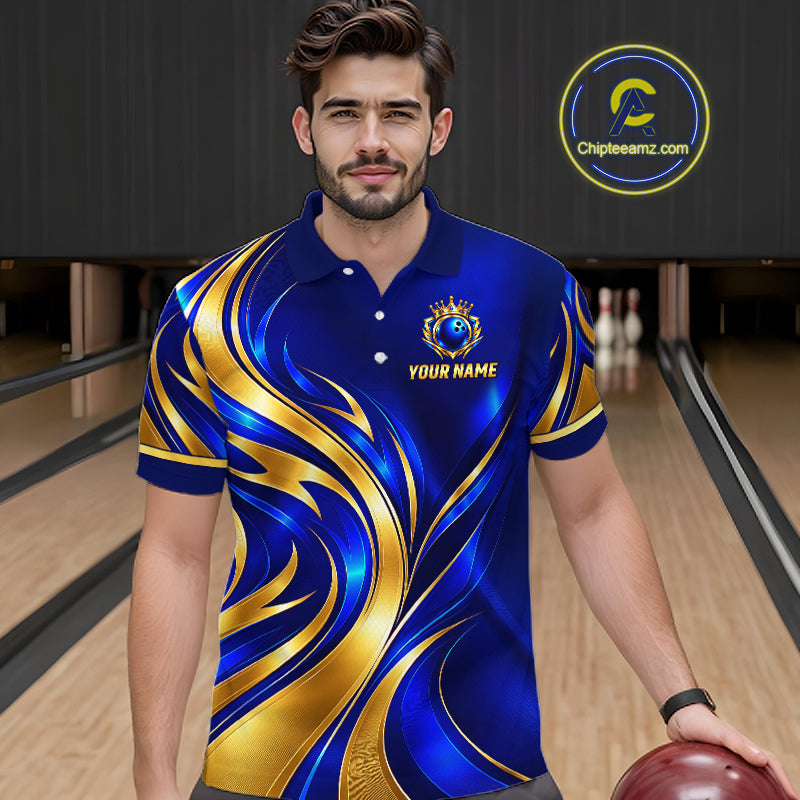 Custom Blue And Gold Crown Bowling Shirts For Men, Bowling Team Jersey Bowling Tournament HNT645