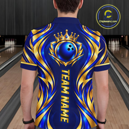 Custom Blue And Gold Crown Bowling Shirts For Men, Bowling Team Jersey Bowling Tournament HNT645