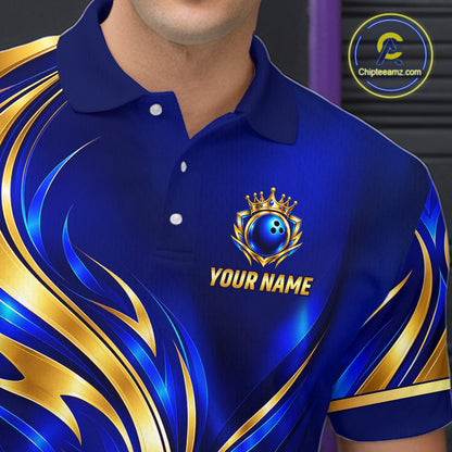 Custom Blue And Gold Crown Bowling Shirts For Men, Bowling Team Jersey Bowling Tournament HNT645
