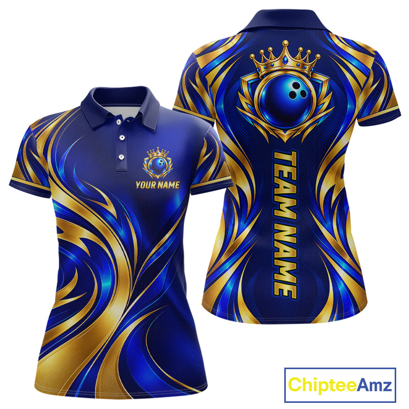 Custom Blue And Gold Crown Bowling Shirts For Women, Bowling Team Jersey Bowling Tournament HNT645