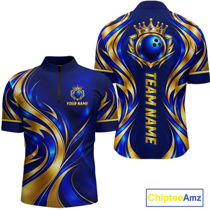 Custom Blue And Gold Crown Bowling Shirts For Men, Bowling Team Jersey Bowling Tournament HNT645