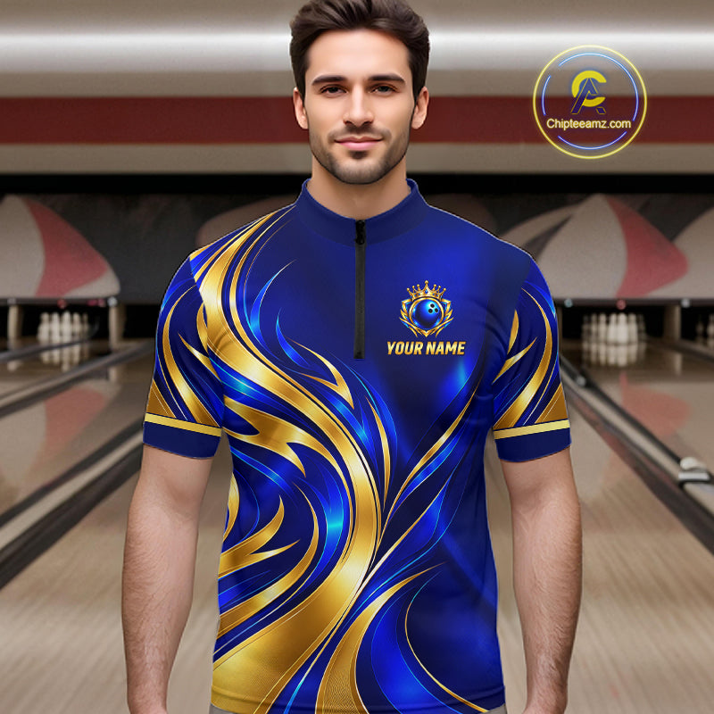 Custom Blue And Gold Crown Bowling Shirts For Men, Bowling Team Jersey Bowling Tournament HNT645