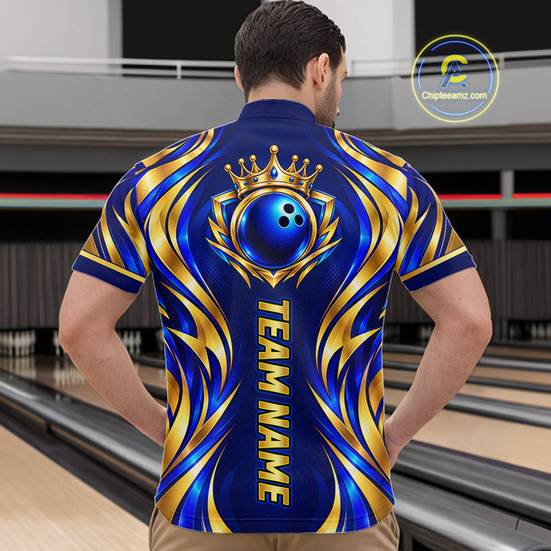 Custom Blue And Gold Crown Bowling Shirts For Men, Bowling Team Jersey Bowling Tournament HNT645