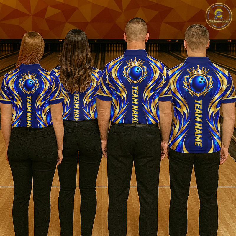 Custom Blue And Gold Crown Bowling Shirts For Women, Bowling Team Jersey Bowling Tournament HNT645