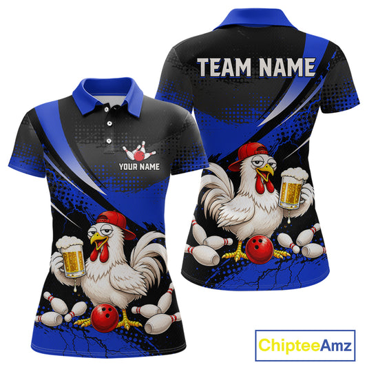 Front and back views of a blue and black bowling polo featuring a chicken holding a beer mug, red bowling ball, scattered pins, and custom team text.