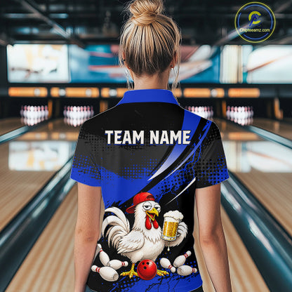 Woman wearing a blue and black bowling polo featuring a chicken holding a beer mug, red bowling ball, scattered pins, and custom team name text.