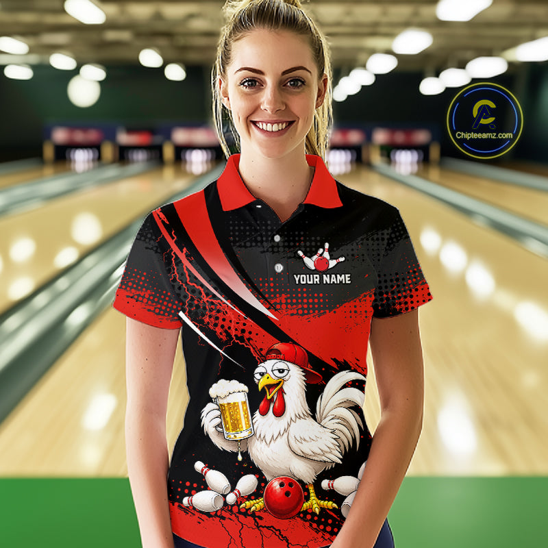 Woman wearing a red and black bowling polo featuring a chicken holding a beer mug, red bowling ball, scattered pins, and custom your name text.