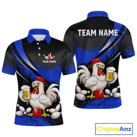 Front and back views of a blue and black bowling polo featuring a chicken holding a beer mug, red bowling ball, scattered pins, and custom team text.