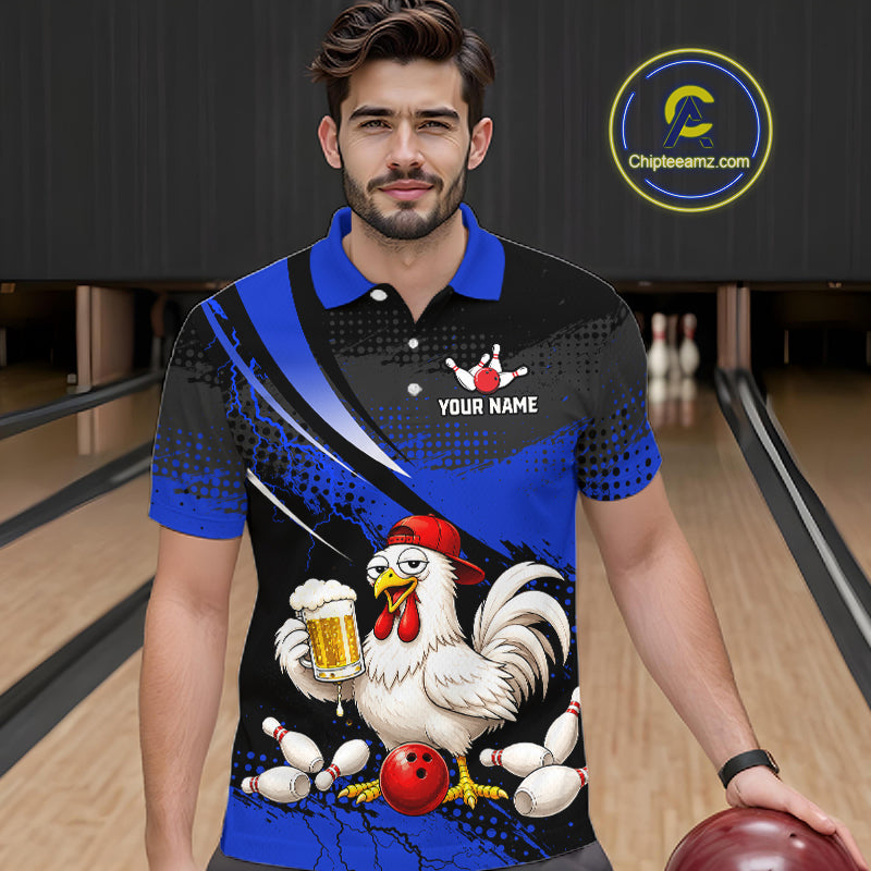 Man wearing a blue and black bowling polo featuring a chicken holding a beer mug, red bowling ball, scattered pins, and custom your name text.