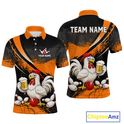 Front and back views of a orange and black bowling polo featuring a chicken holding a beer mug, red bowling ball, scattered pins, and custom team text.