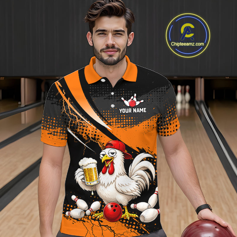 Man wearing a orange and black bowling polo featuring a chicken holding a beer mug, red bowling ball, scattered pins, and custom your name text.
