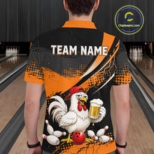 Load image into Gallery viewer, Man wearing a orange and black bowling polo featuring a chicken holding a beer mug, red bowling ball, scattered pins, and custom team name text.