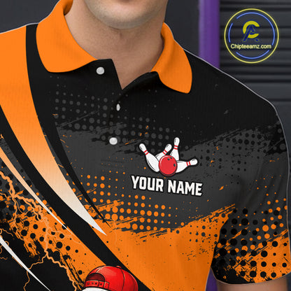 Black and orange bowling shirt with a red bowling ball and white pins design, featuring 'Your Name' text.