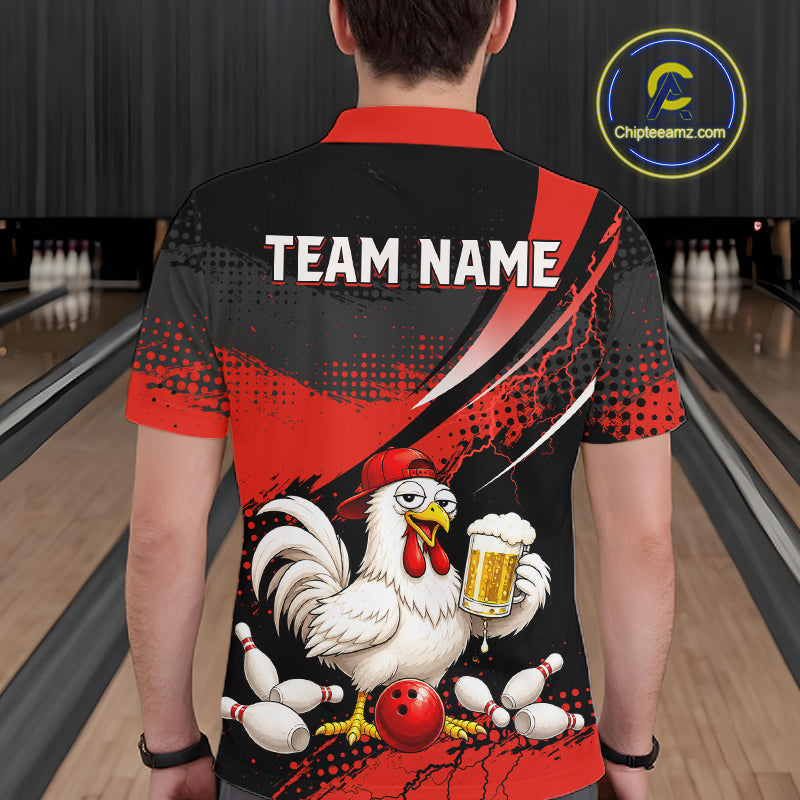 Man wearing a red and black bowling polo featuring a chicken holding a beer mug, red bowling ball, scattered pins, and custom team name text.
