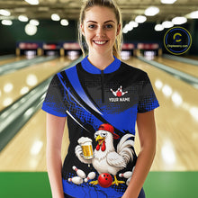 Load image into Gallery viewer, Woman wearing a blue and black bowling quarter zip featuring a chicken holding a beer mug, red bowling ball, scattered pins, and custom your name text.