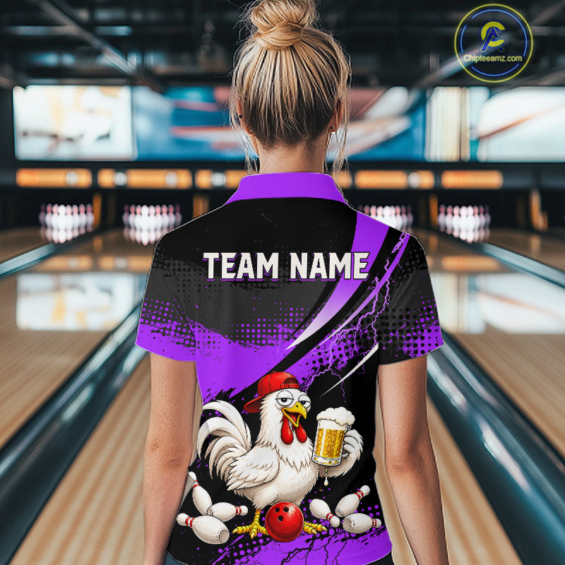 Woman wearing a purple and black bowling quarter zip featuring a chicken holding a beer mug, red bowling ball, scattered pins, and custom team name text.