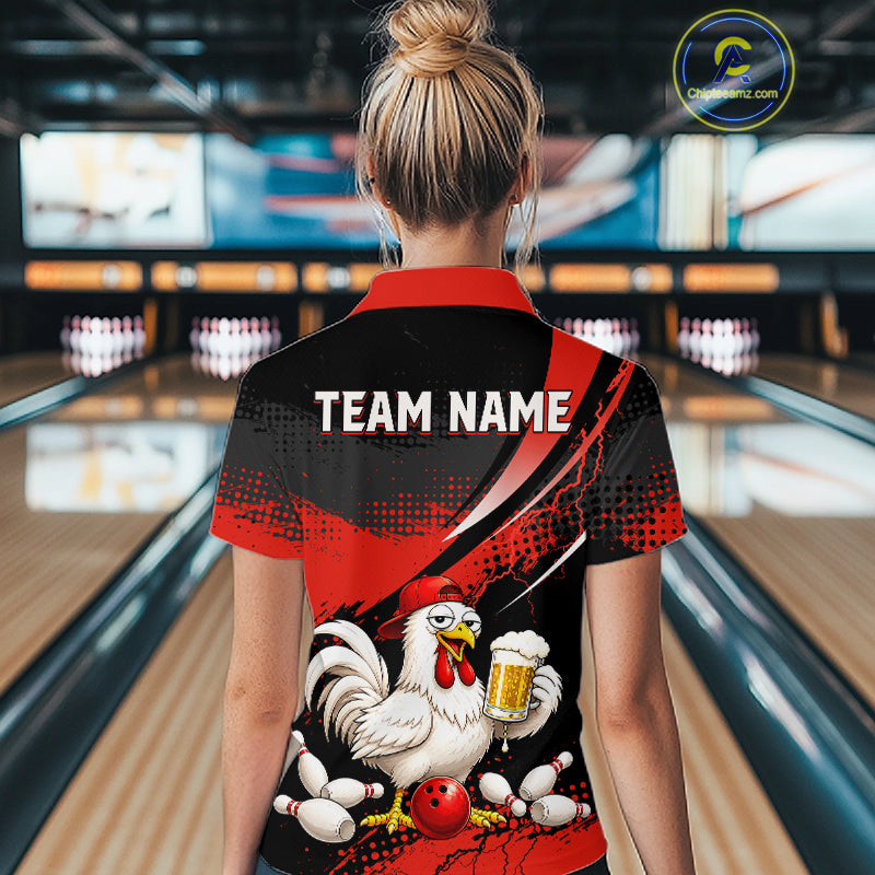 Woman wearing a red and black bowling quarter zip featuring a chicken holding a beer mug, red bowling ball, scattered pins, and custom team name text.