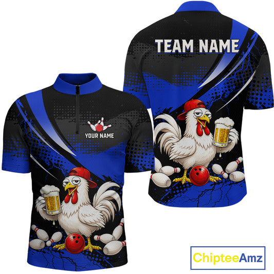 Front and back views of a blue and black bowling quarter zip featuring a chicken holding a beer mug, red bowling ball, scattered pins, and custom team text.