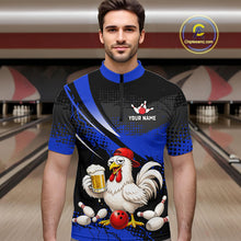 Load image into Gallery viewer, Man wearing a blue and black bowling quarter zip featuring a chicken holding a beer mug, red bowling ball, scattered pins, and custom your name text.