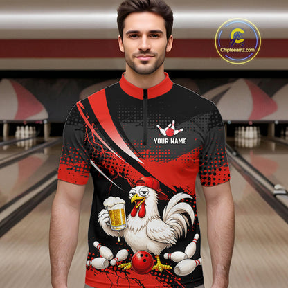 Man wearing a red and black bowling quarter zip featuring a chicken holding a beer mug, red bowling ball, scattered pins, and custom your name text.