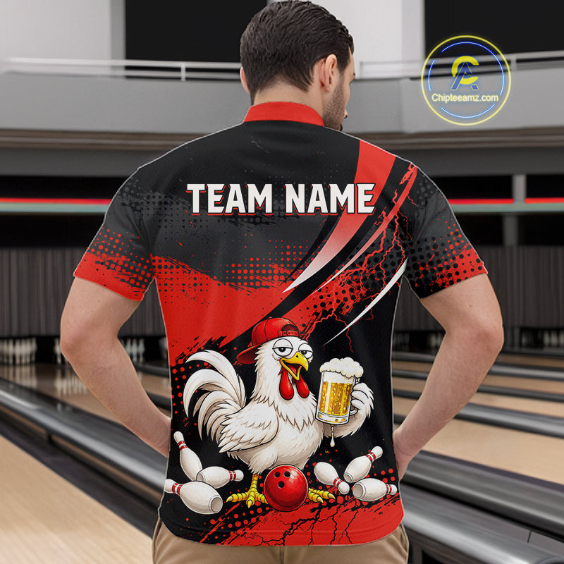 Man wearing a red and black bowling quarter zip featuring a chicken holding a beer mug, red bowling ball, scattered pins, and custom team name text.