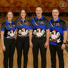 Load image into Gallery viewer, Four people wearing blue and black bowling polo featuring a chicken holding a beer mug, red bowling ball, scattered pins, and custom your name text.
