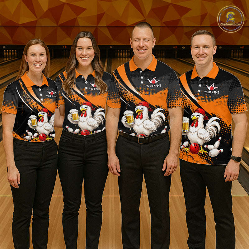 Four people wearing orange and black bowling polo featuring a chicken holding a beer mug, red bowling ball, scattered pins, and custom your name text.