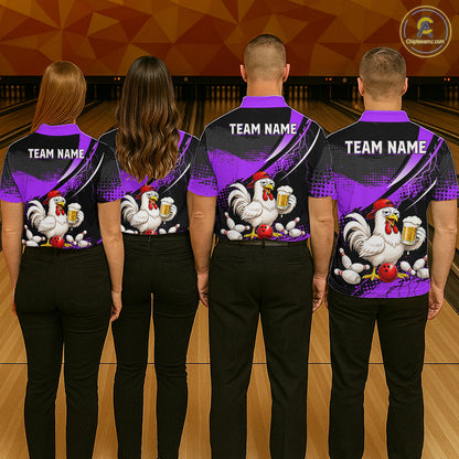 Four people wearing purple and black bowling polo featuring a chicken holding a beer mug, red bowling ball, scattered pins, and custom team name text.