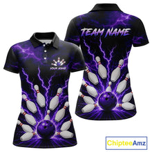 Load image into Gallery viewer, Front and back personalized bowling polo with purple lightning framing a bowling ball and pins beneath team and player names